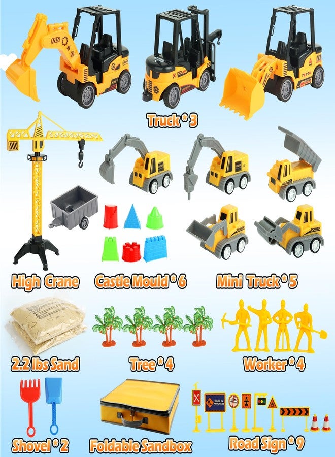 Helsort Sand Construction Site Kit - 37 Pcs Play Sand Art Kit with 8 Construction Trucks, Folding Sandbox, 2.2 lbs Magic Sand, Crane, Worker, Road Signs, Molds, Shovel - Ideal Toys for Boys Girls Age 3+ - Image 2